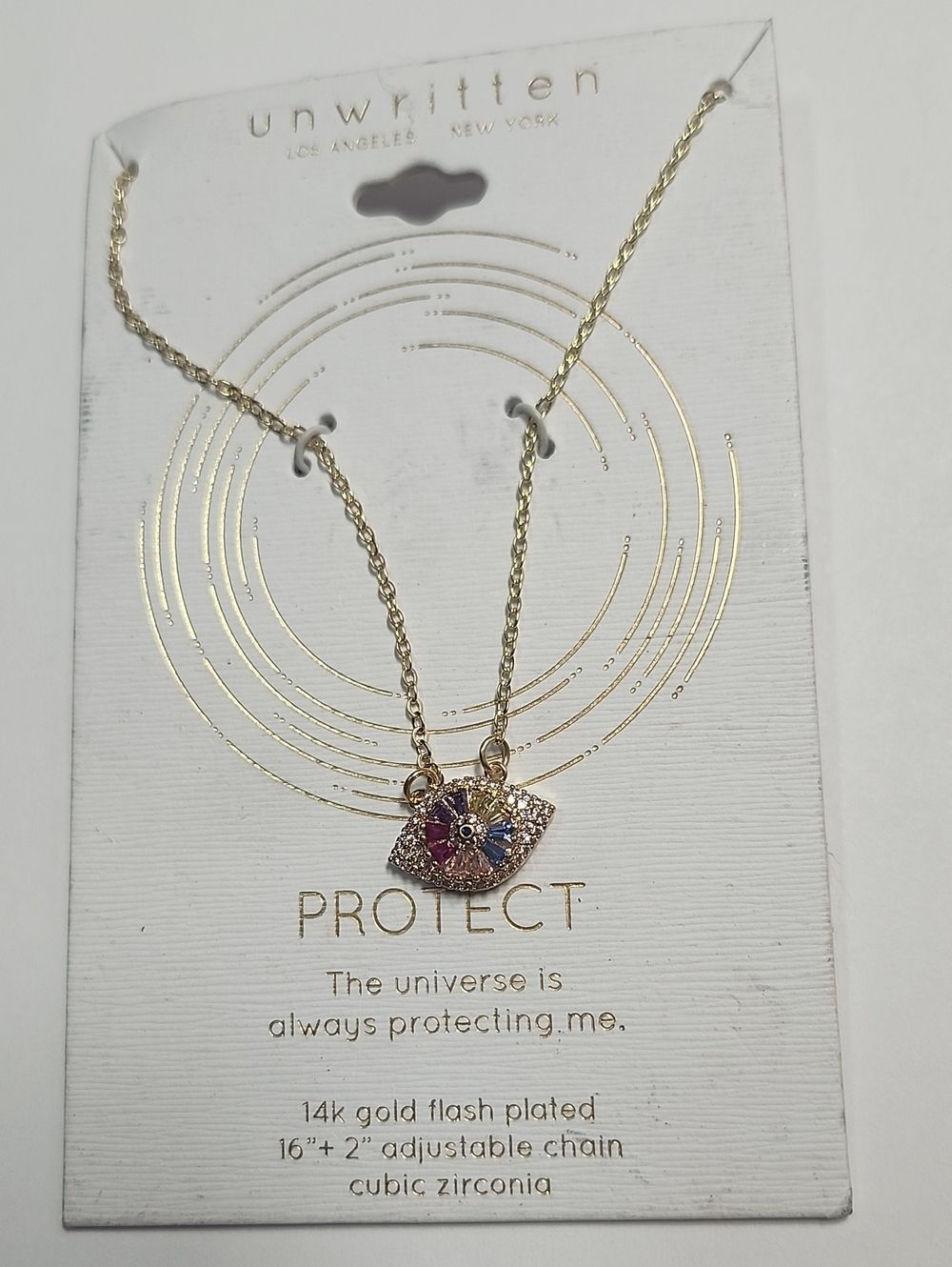 Unwritten Evil Eye Necklace with multicolor cz Accents 14K Gold Flash Plated